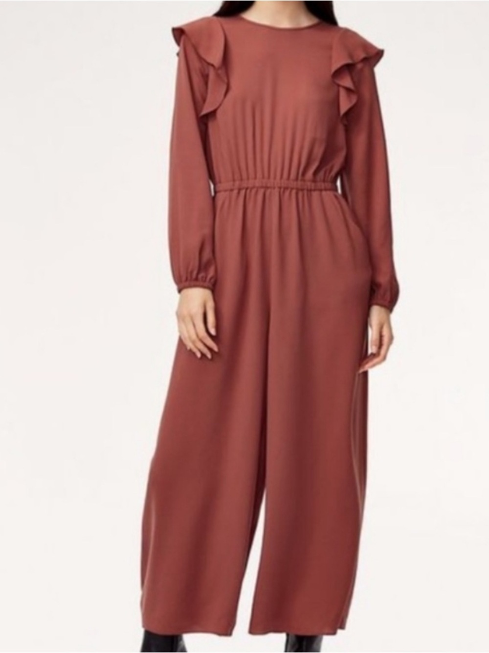 NWT Wilfred Fleurette Jumpsuit Ruffled Flutter Sleeve Cropped Wide Leg Culotte